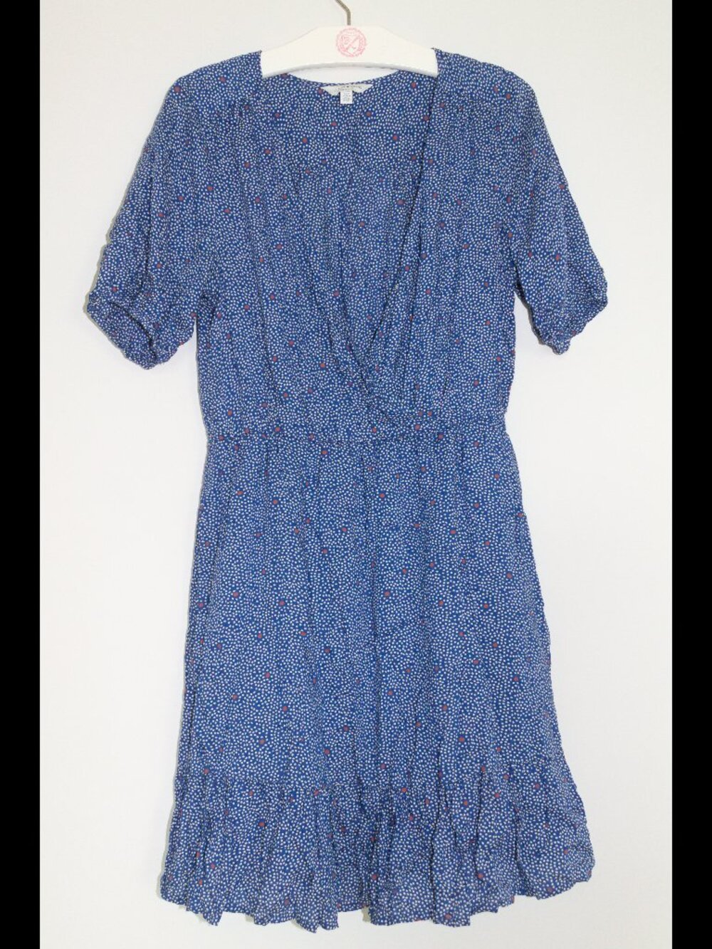 Lucky Brand Size S V Neck Blue and White Mini Dress with ruffle hem